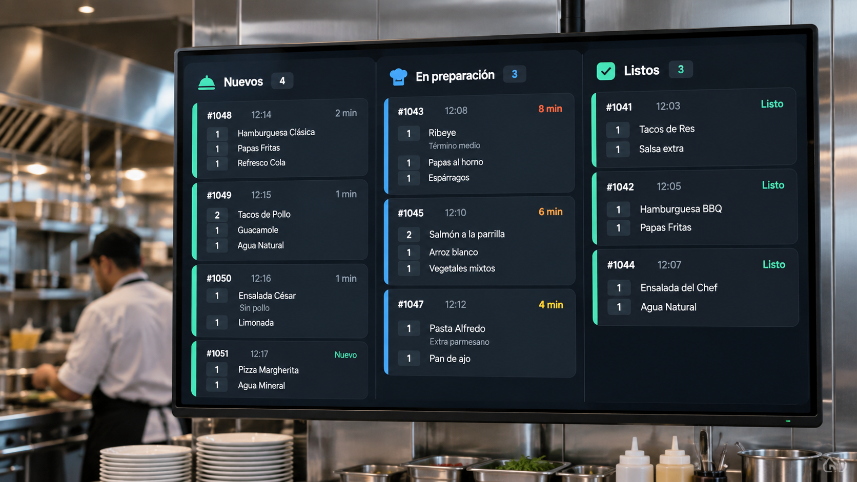 Pantalla ListoKDS organizando pedidos por estado en una cocina
