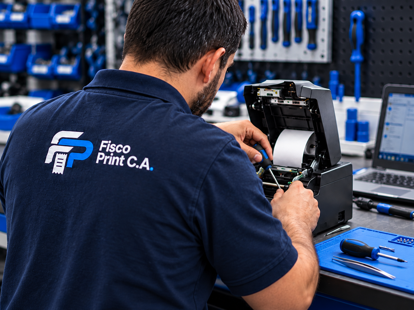 Técnico de Fisco Print reparando una impresora fiscal